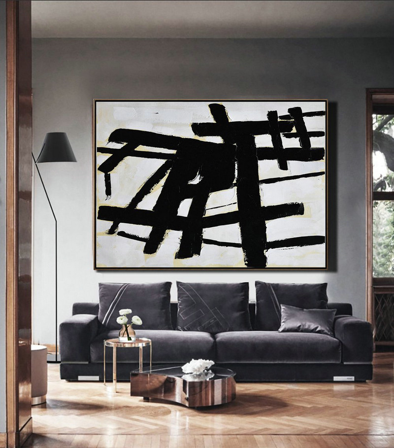 Original Art Acrylic Painting,Horizontal Palette Knife Minimal Canvas Art Painting Black White Beige - Large Contemporary Art Canvas Painting
